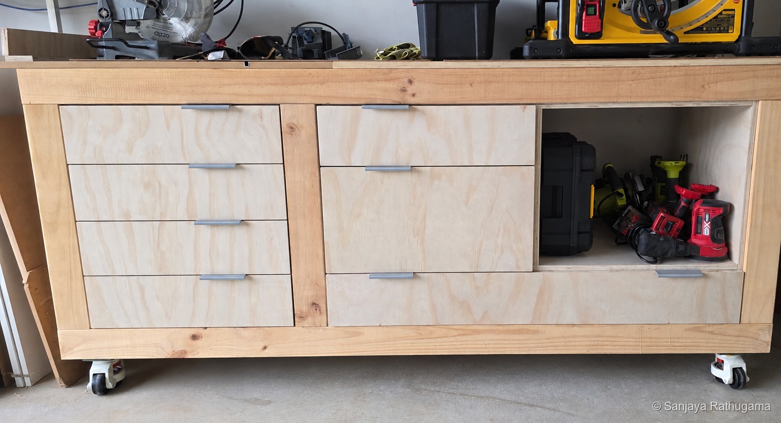 Pine garage workbench with fitted plywood drawers
